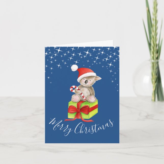 Christmas koala and gift whimsy art blue card (Front)