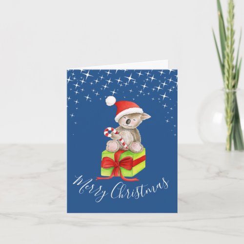 Christmas koala and gift whimsy art blue card