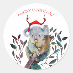 Christmas Koala wearing Santa Hat Classic Round Sticker