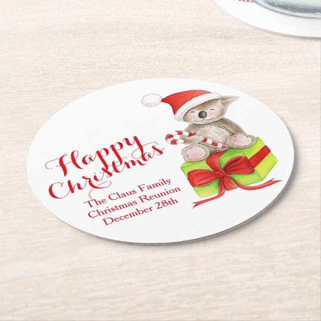 Christmas Koala with candy cane art paper coasters (Angled)