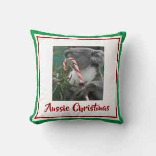 Christmas Koala with Candy Cane in Eucalyptus Tree Throw Pillow