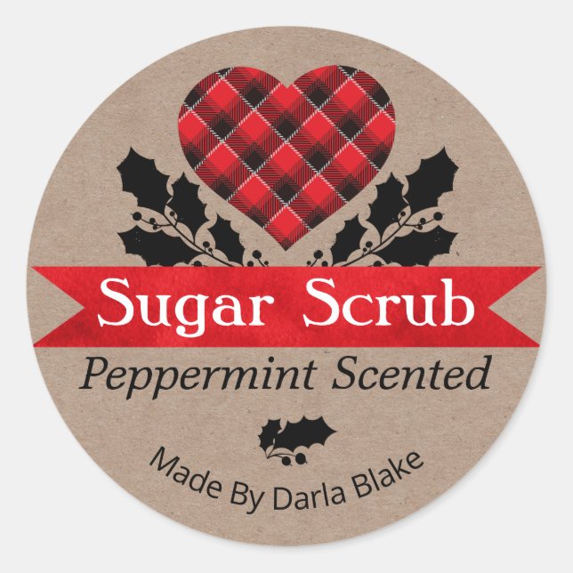 Christmas Kraft Peppermint Plaid Sugar Scrub Label (Front)