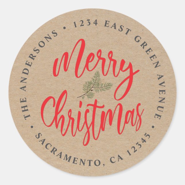 Christmas Kraft Return Address Classic Round Sticker (Front)