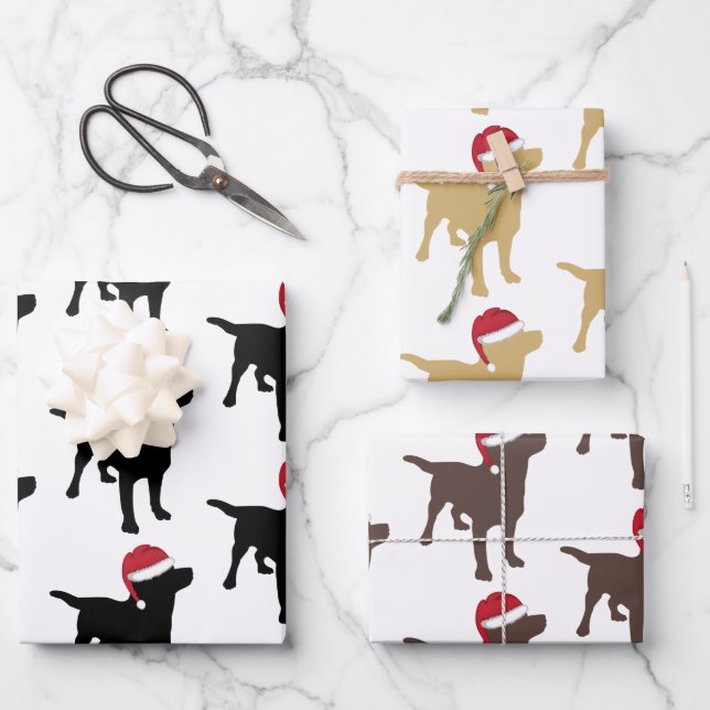 Christmas Labrador Black Yellow And Chocolate Wrapping Paper Sheets (Front)