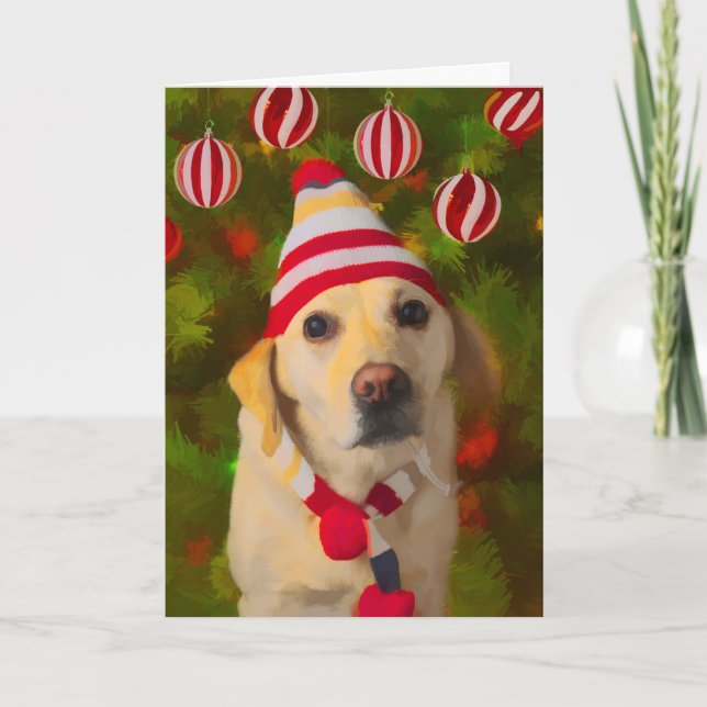 Christmas Labrador card, dog in knit hat Holiday Card (Front)