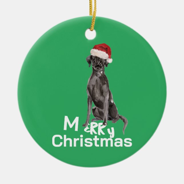 Christmas Labrador Dog White Green Merry Greeting Ceramic Ornament (Front)