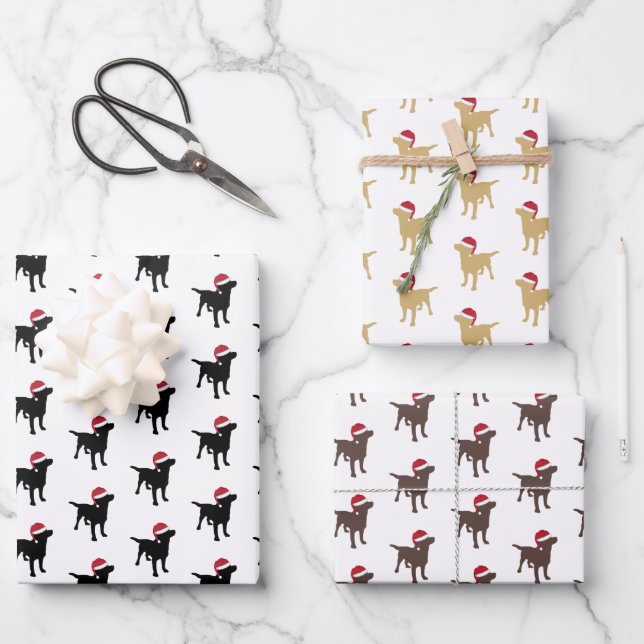 Christmas Labrador Dogs In Santa Hat Wrapping Paper Sheets (Front)