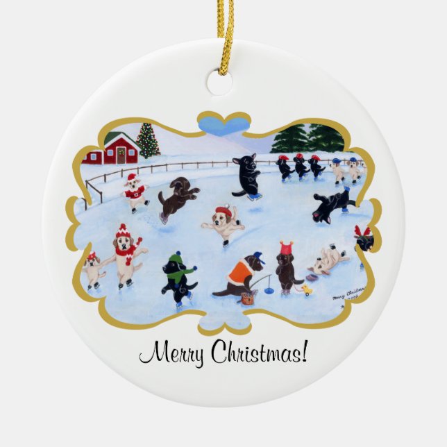 Christmas Labrador Fun Painting Ceramic Ornament (Front)