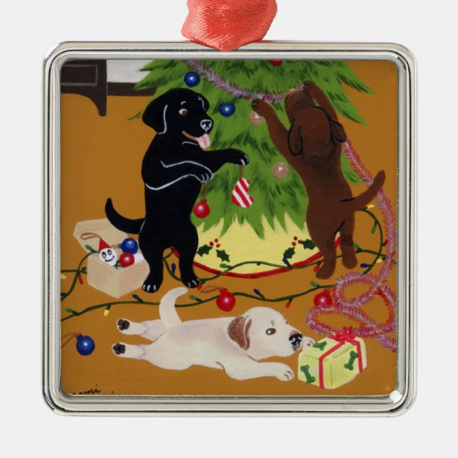 Christmas Labrador Painting Metal Ornament (Front)