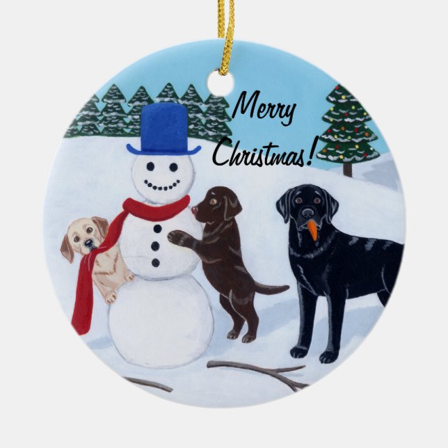 Christmas Labrador Painting Snowman Ceramic Ornament (Front)