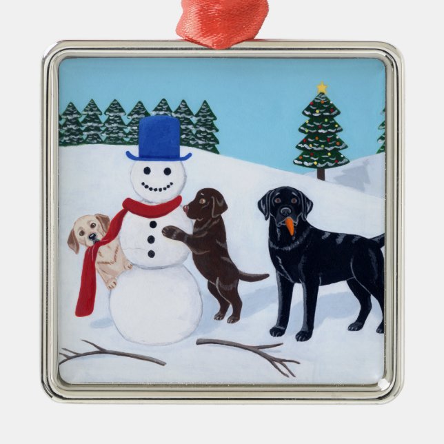 Christmas Labrador Painting Snowman Metal Ornament (Front)