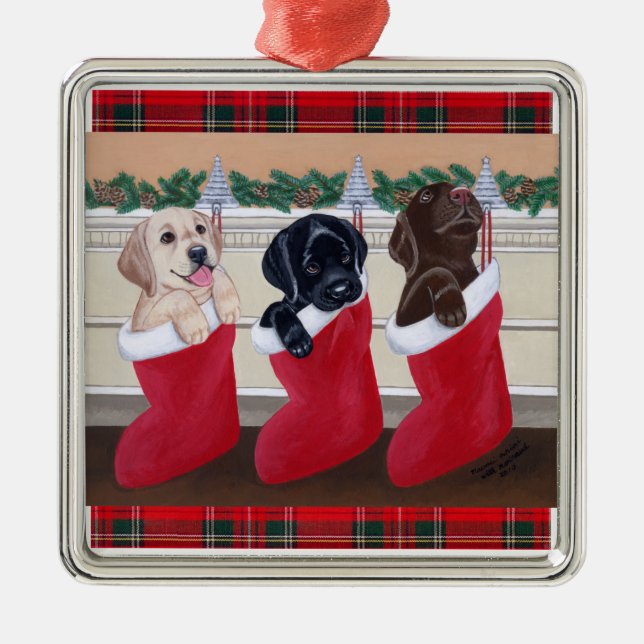 Christmas Labrador Puppies Tartan Metal Ornament (Front)
