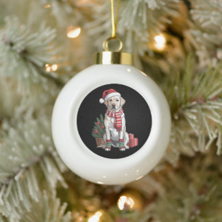 Christmas Labrador Retriever Dog Santa Hat Scarf Ceramic Ball Christmas Ornament