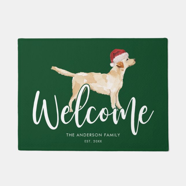 Christmas Labrador Retriever Personalized Green Doormat (Front)