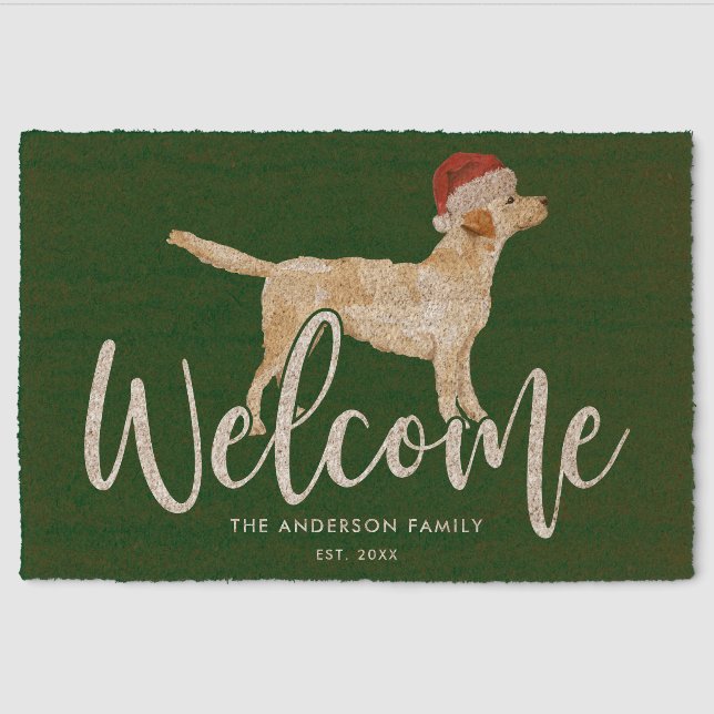Christmas Labrador Retriever Personalized Green Fiber Doormat (Front)