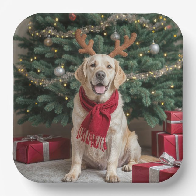 Christmas Labrador Retriever With Antlers Paper Plates (Front)