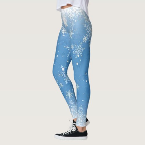  Christmas  Lace Snowflakes Sparkle on Blue Leggings