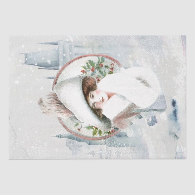 Christmas Lady Holly Old World Castle Decoupage  Tissue Paper (Front)