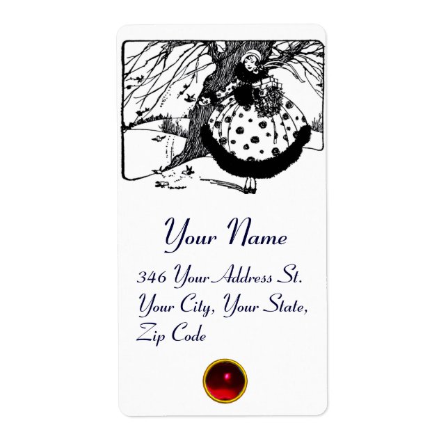CHRISTMAS LADY, WINTER BIRDS Black White Red Gem Label (Front)