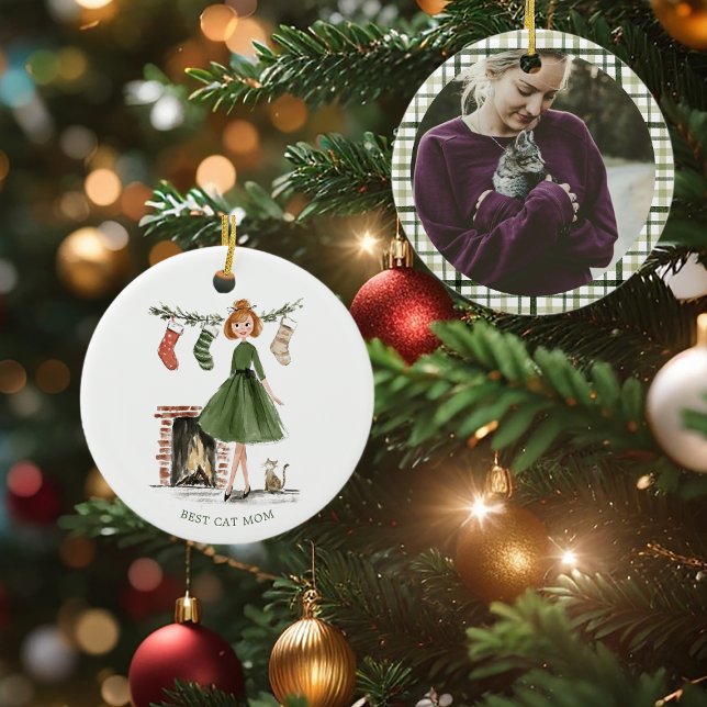 Christmas Lady with Cat Personalized Photo Ceramic Ornament (Creator Uploaded)