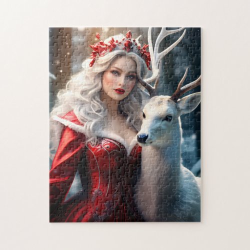 Christmas Lady With Deer Jigsaw Puzzle