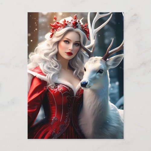 Christmas Lady With Deer Postcard