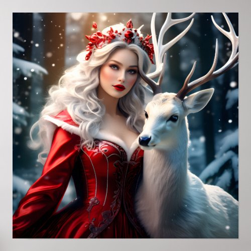 Christmas Lady With Deer Poster