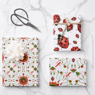 Christmas Ladybug 3 Styles Red White Green Wrapping Paper Sheets