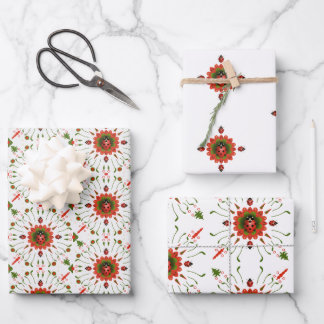 Christmas Ladybug Red Green White 3 Wrapping Paper Sheets