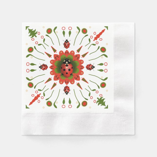 Christmas Ladybug Red Green White Party Cocktail Napkins (Front)