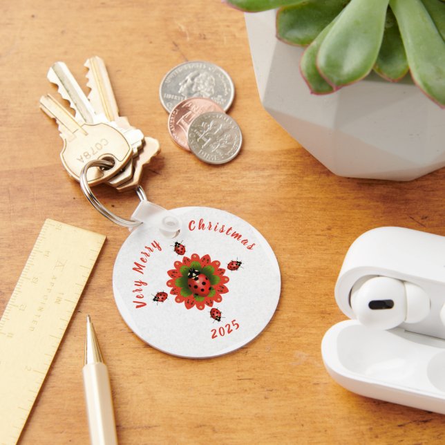 Christmas Ladybug Red Green White Round Keychain (Desk)