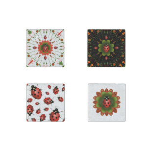 Christmas Ladybug Red White Black Green 4 set Stone Magnet