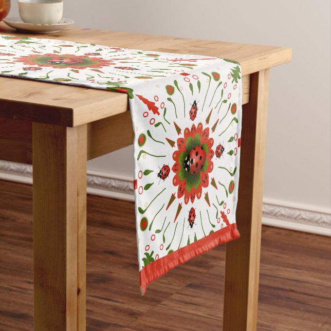 Christmas Ladybug Red White Green Short Table Runner (In Situ)