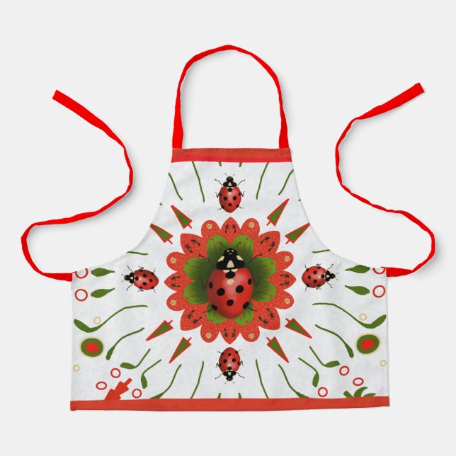 Christmas Ladybug Red White Kids Green Kitchen Apron (Front)