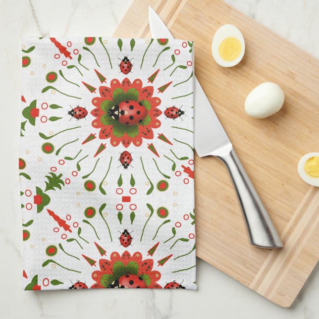 Christmas Ladybug Red White Kids Green Kitchen Towel (Quarter Fold)