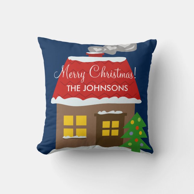 Christmas lake house cabin custom family name throw pillow (Front)