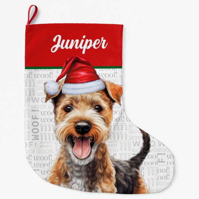 Christmas Lakeland Terrier Name Woof Background Large Christmas Stocking (Front)