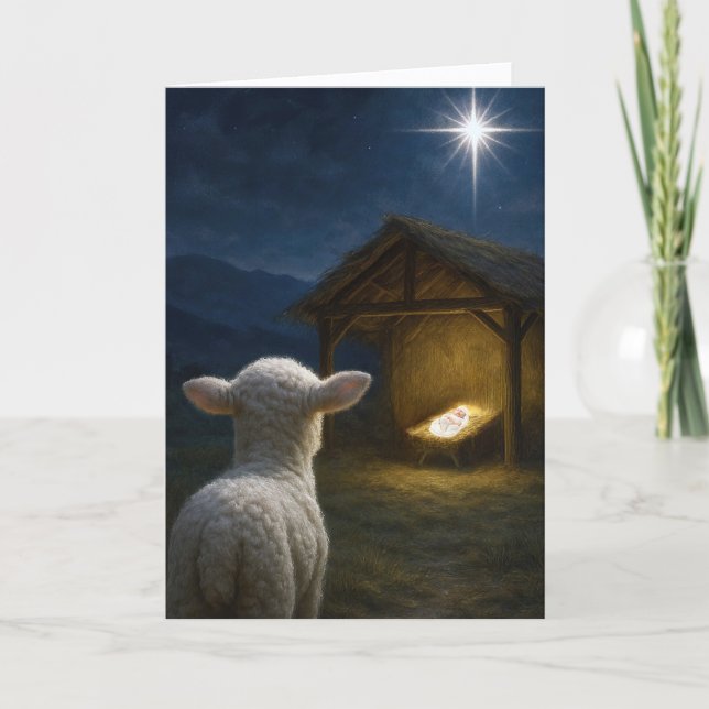 Christmas Lamb Watching Baby Jesus Card (Front)