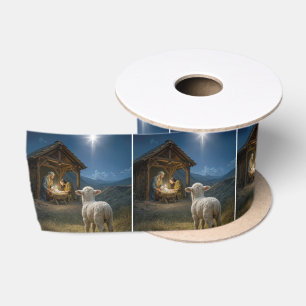 Christmas Lamb Watching the Nativity Scene Satin Ribbon