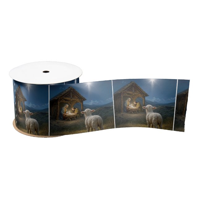 Christmas Lamb Watching the Nativity Scene Satin Ribbon (Spool)