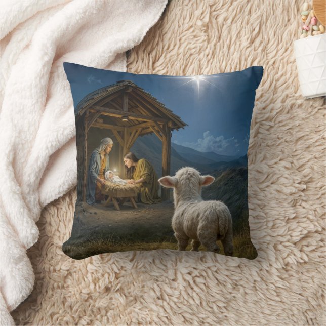 Christmas Lamb Watching the Nativity Scene Throw Pillow (Blanket)