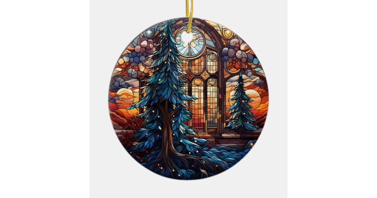 Christmas Landscape stained glass style Ceramic Ornament | Zazzle