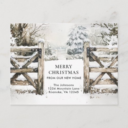 Christmas Landscape Wooden Fence Holiday Moving Announcement Postcard