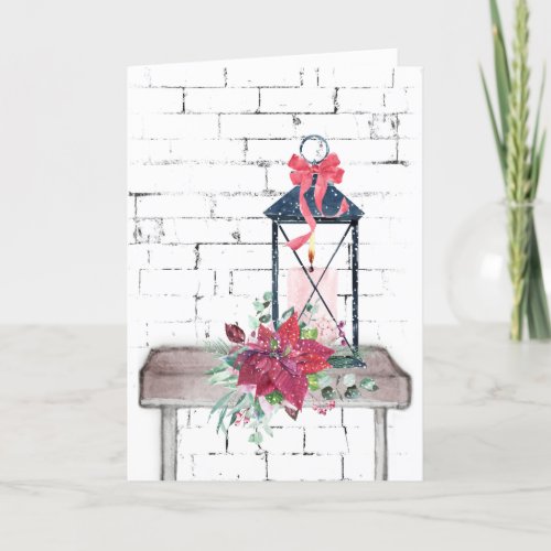 Christmas Lantern and Poinsettia Bouquet  Holiday Card