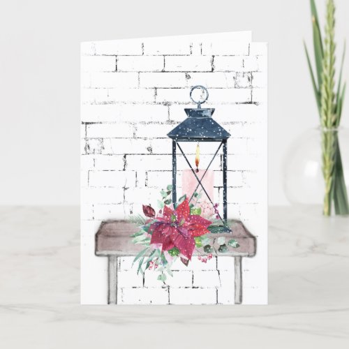 Christmas Lantern and Poinsettia Bouquet Holiday Card