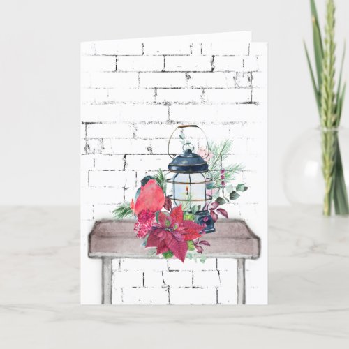 Christmas Lantern and Poinsettia Bouquet Holiday Card