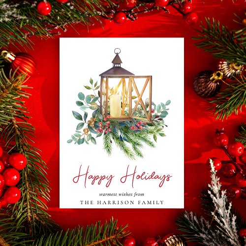 Christmas Lantern Greenery Watercolor Holiday Card