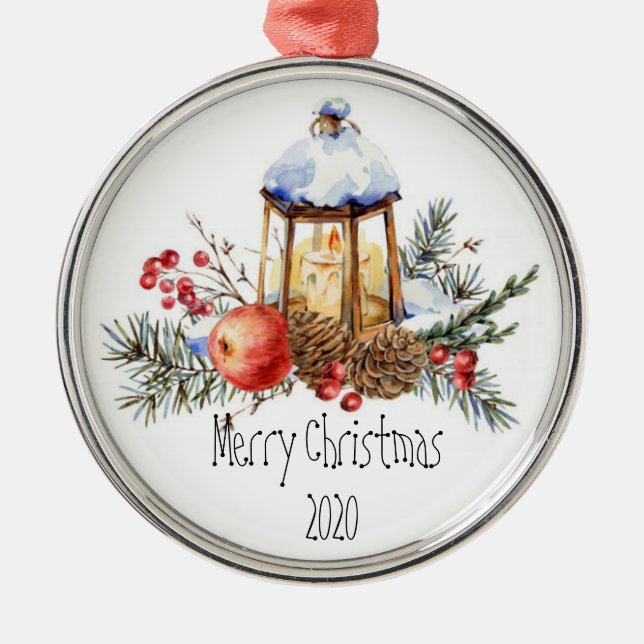 Christmas Lantern Holly Pine Apple Custom Dated Ce Metal Ornament (Front)