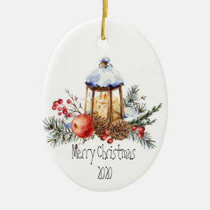 Christmas Lantern Holly Pine Apple Custom Dated Ceramic Ornament