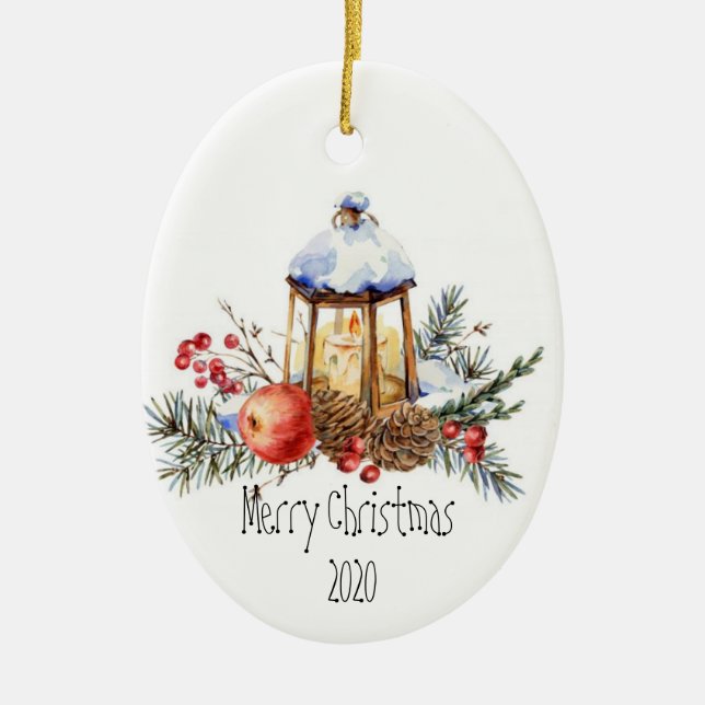 Christmas Lantern Holly Pine Apple Custom Dated Ceramic Ornament (Front)